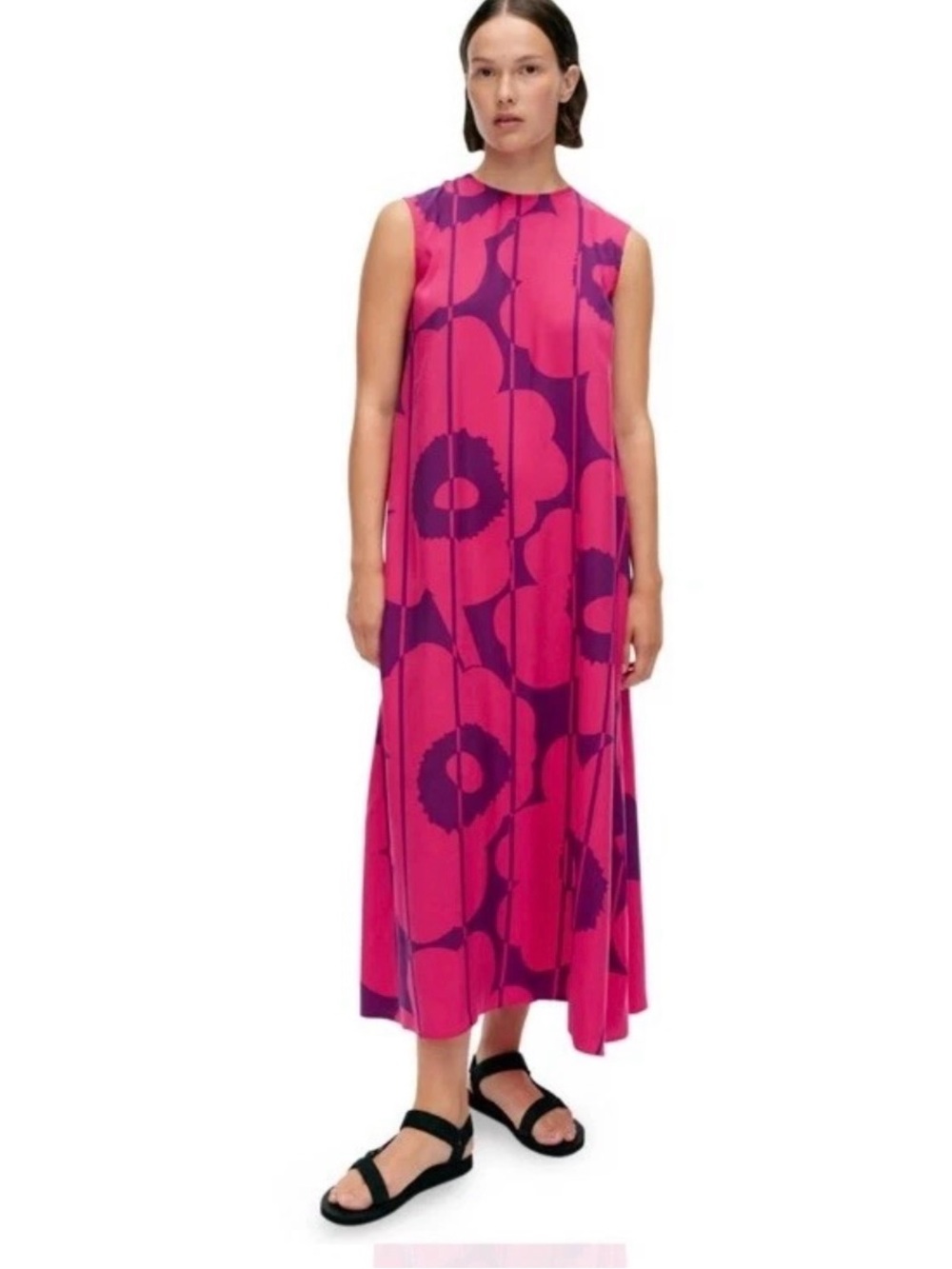 NWT Marimekko Migot Vesi Unikko Dress Pink Purple Poppy Silk Blend Maxi 40 US 10